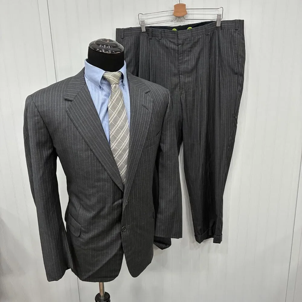 Oxxford Clothes Norton Ditto Super 120’s Wool Suit Pinstripe Charcoal 48R 44W